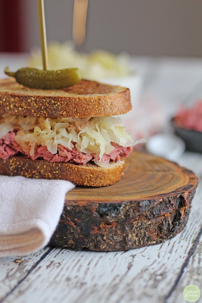 Vegan reuben jackfruit sandwich