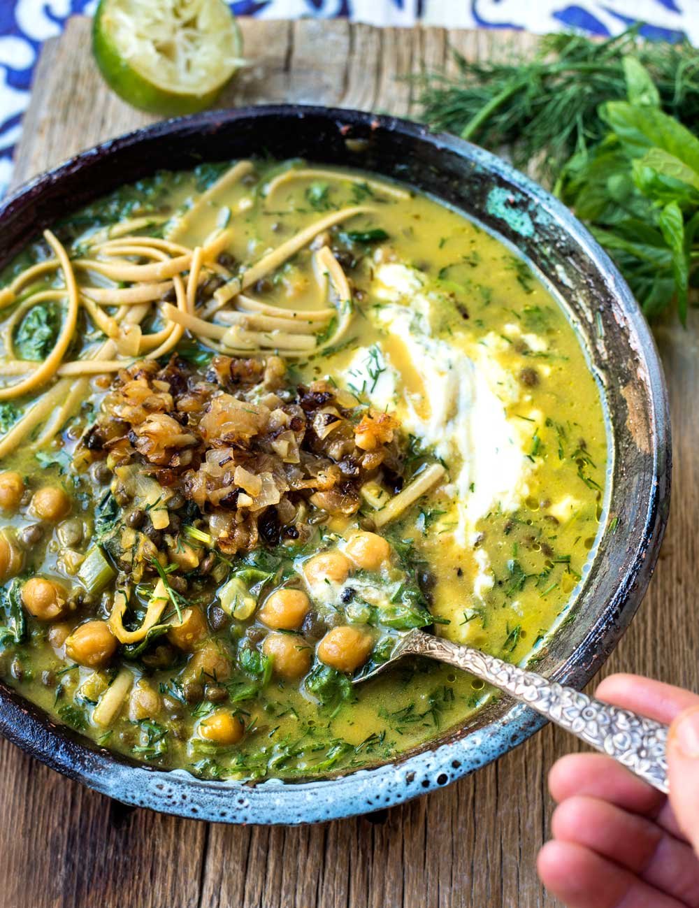 Iranian Inspired Chickpea Lentil Noodle Soup