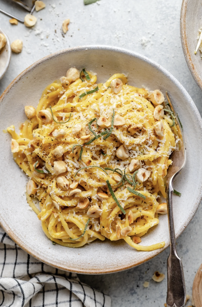 Brown Butter Acorn Squash Pasta with Toasted Hazelnuts + Sage