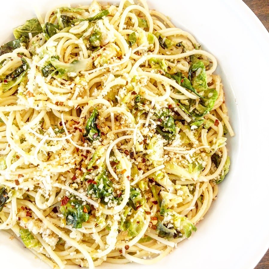 Spaghetti with Brussels and Breadcrumbs
