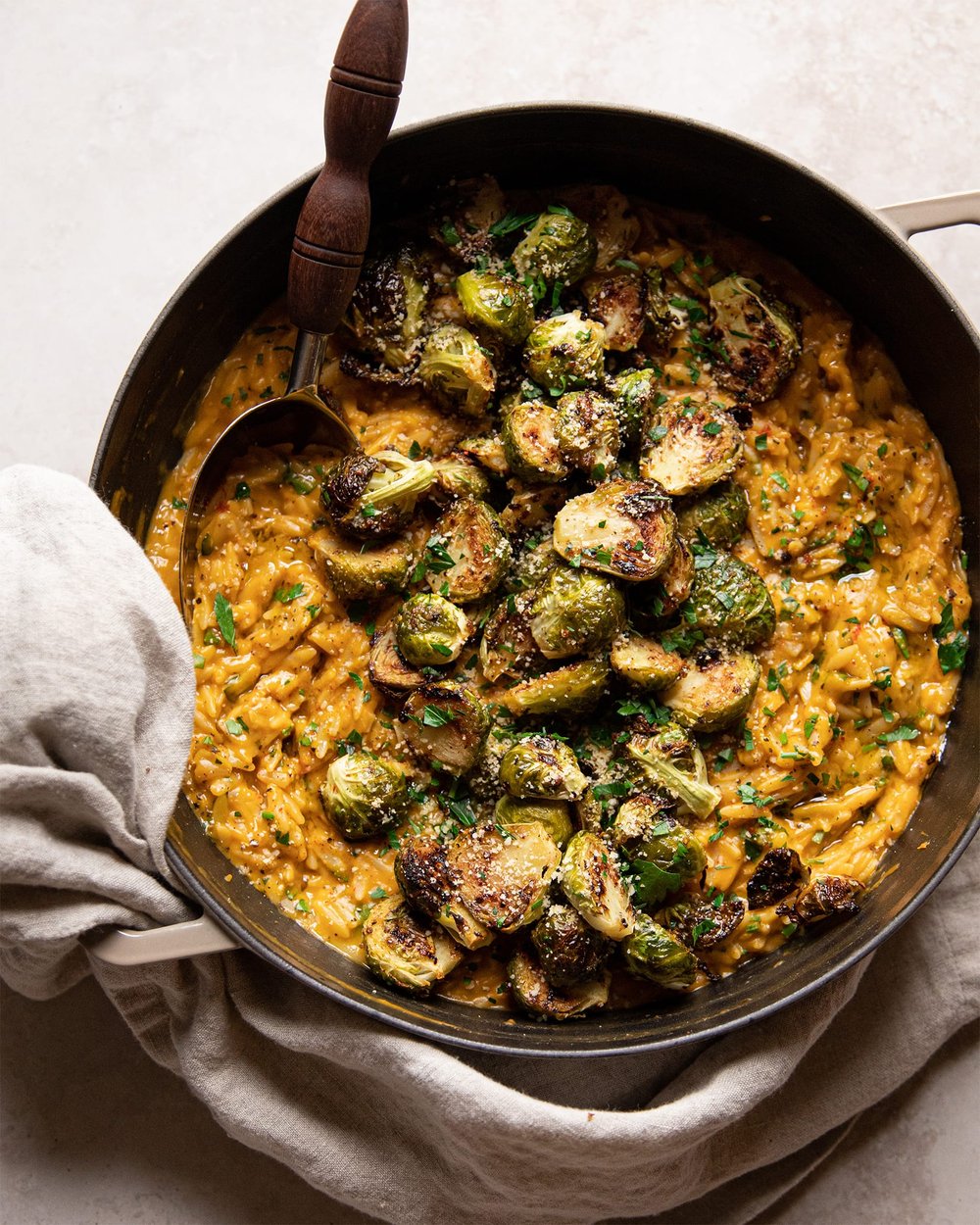 Creamy Vegan Orzo Risotto with Butternut Squash &amp; Brussels Sprouts
