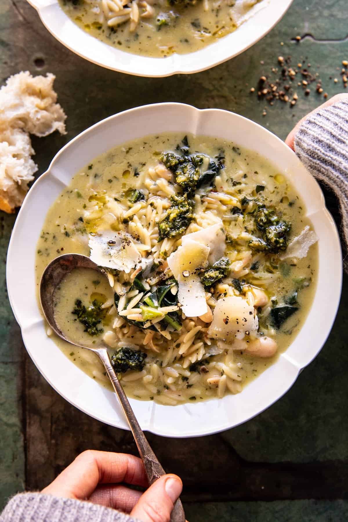 Creamy White Bean Lemon Pesto Orzo Soup.