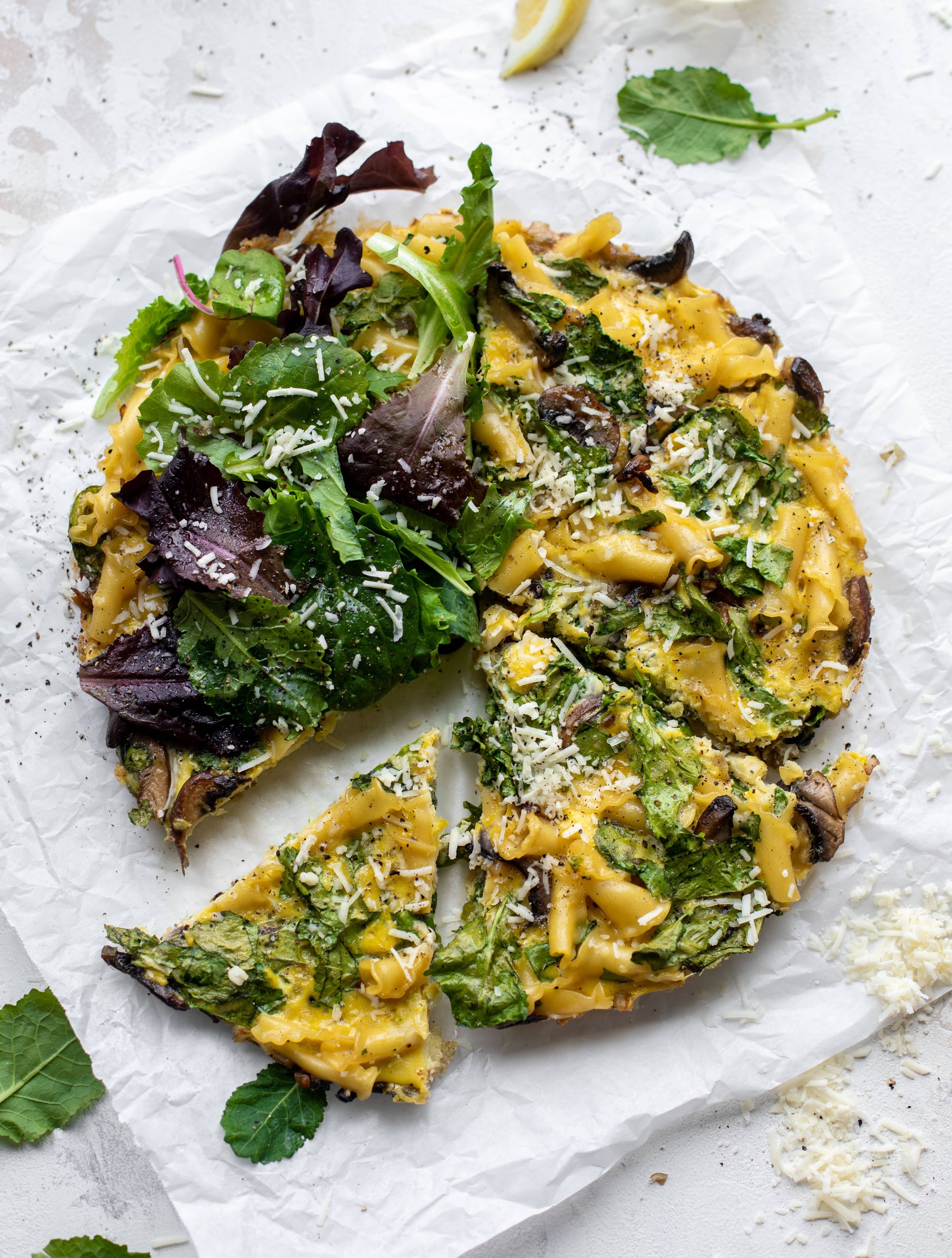 Parmesan Pasta Frittata with Spring Greens