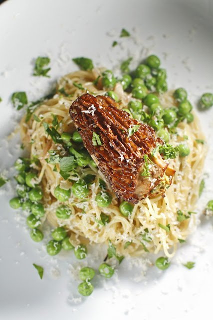 Stuffed Morels over Angel Pasta with Peas