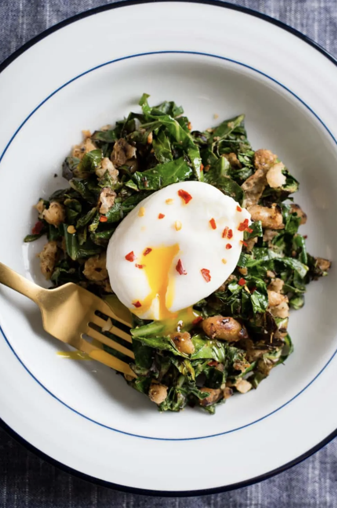 Greens with Beans and Poached Egg