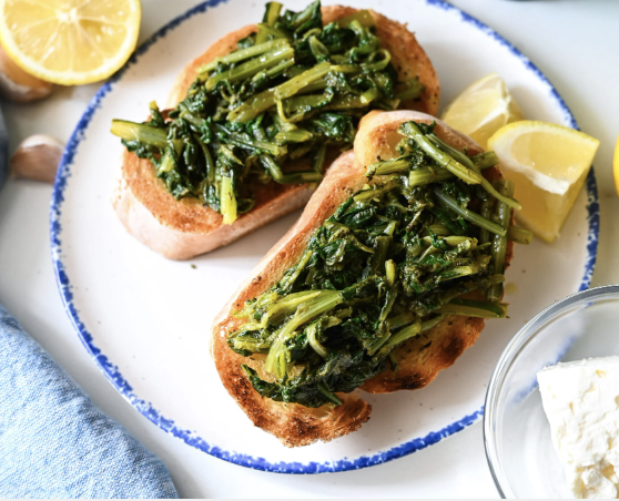 Dandelion greens and grilled bread