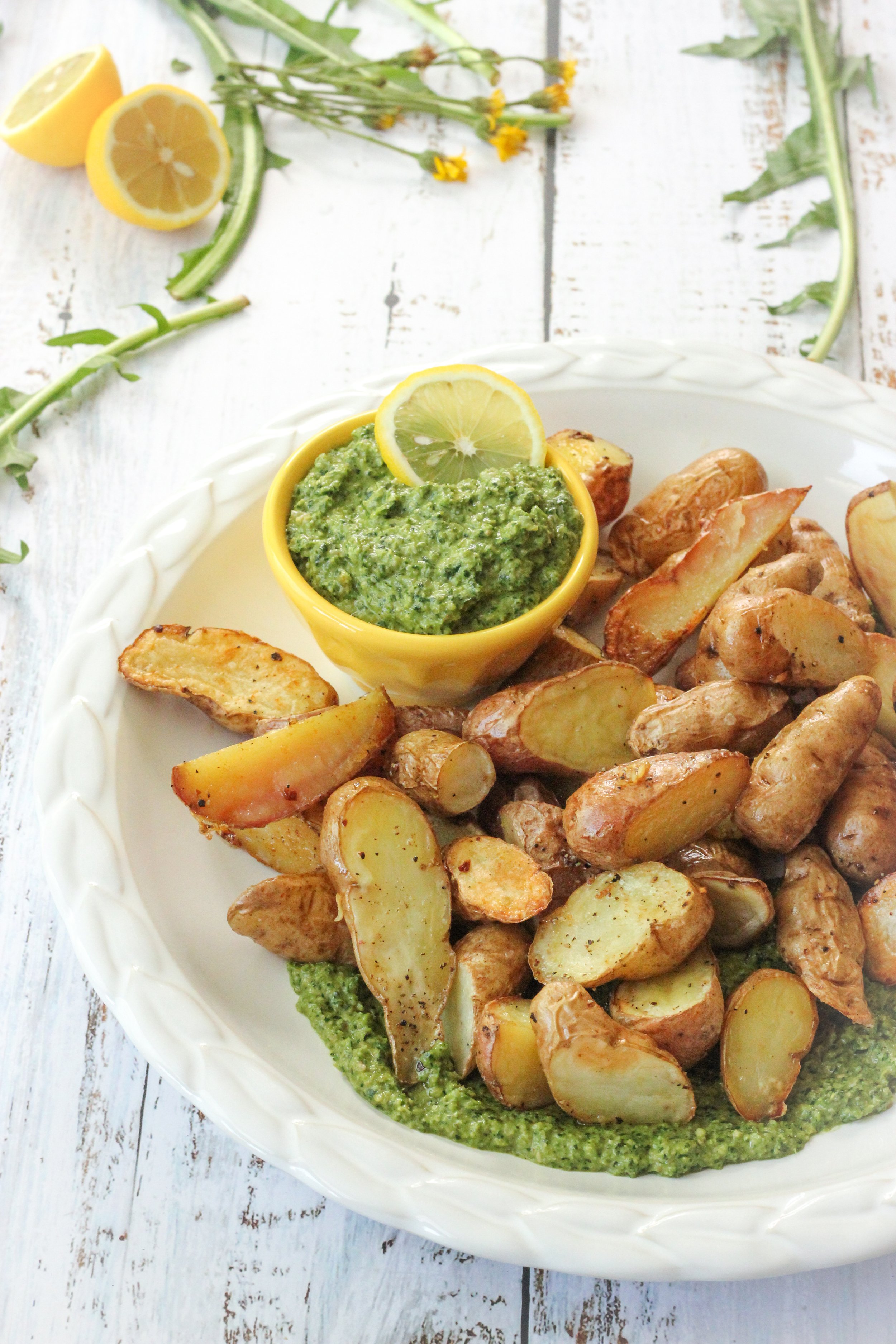 Vegan Dandelion Greens Pesto with Roasted Potatoes
