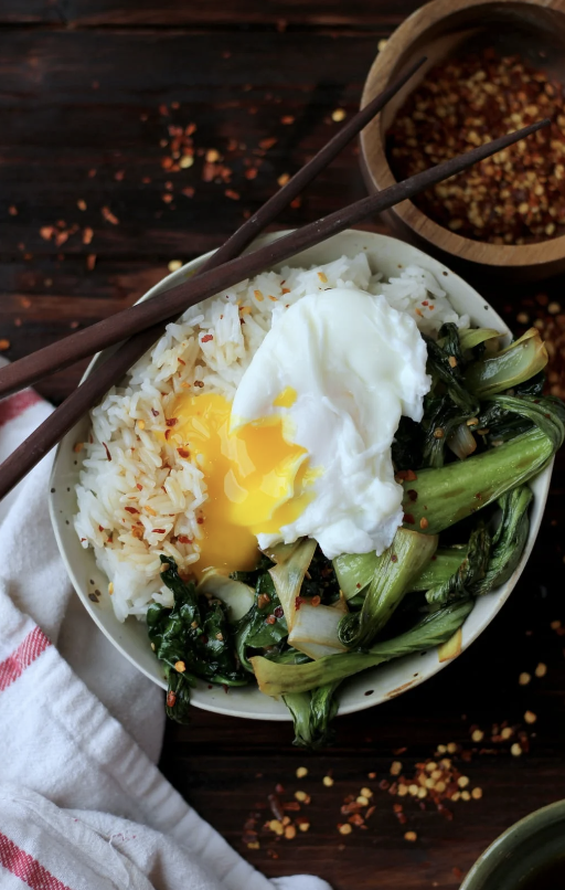 Braised Bok Choy, Leek and Spinach Rice Bowl