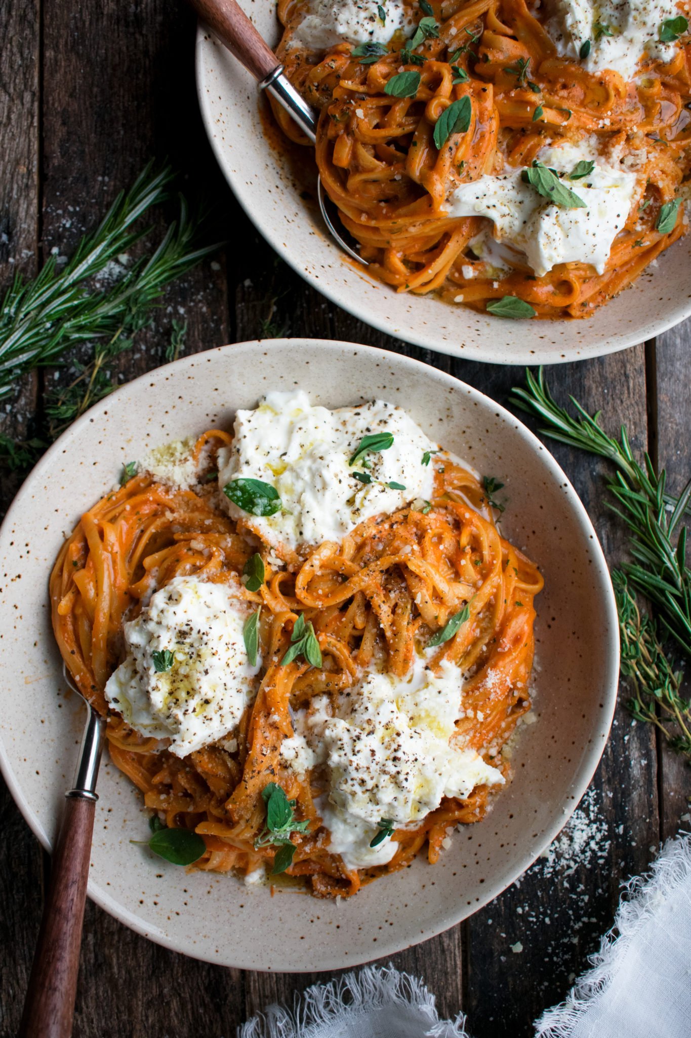 Creamy Red Pepper Pasta with Burrata &amp; Herbs
