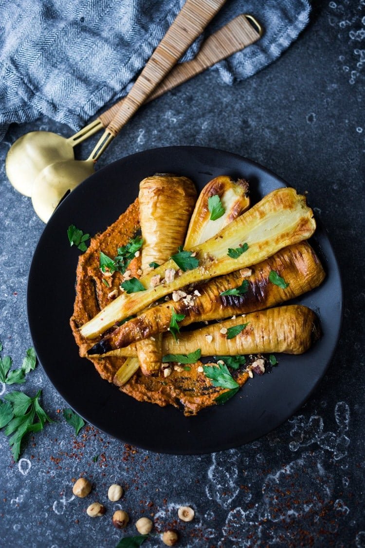 Roasted Parsnips with Romesco Sauce