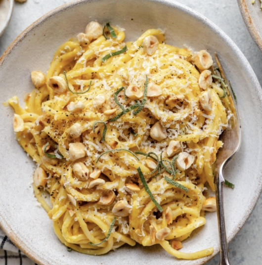 Brown Butter Acorn Squash Pasta with Toasted Hazelnuts 