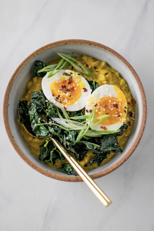 Savory Miso Oats with Sesame Kale and a Jammy Egg