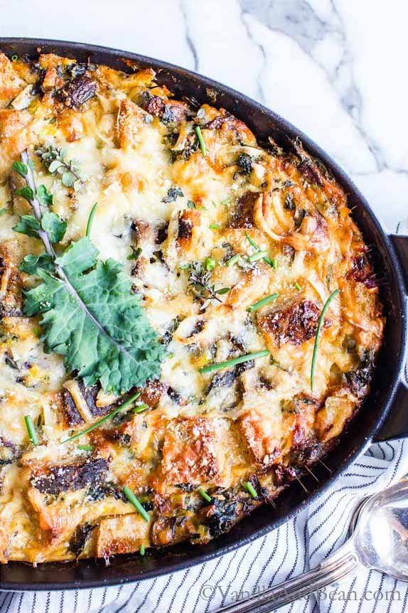 Kale Mushroom Leek Savory Bread Pudding