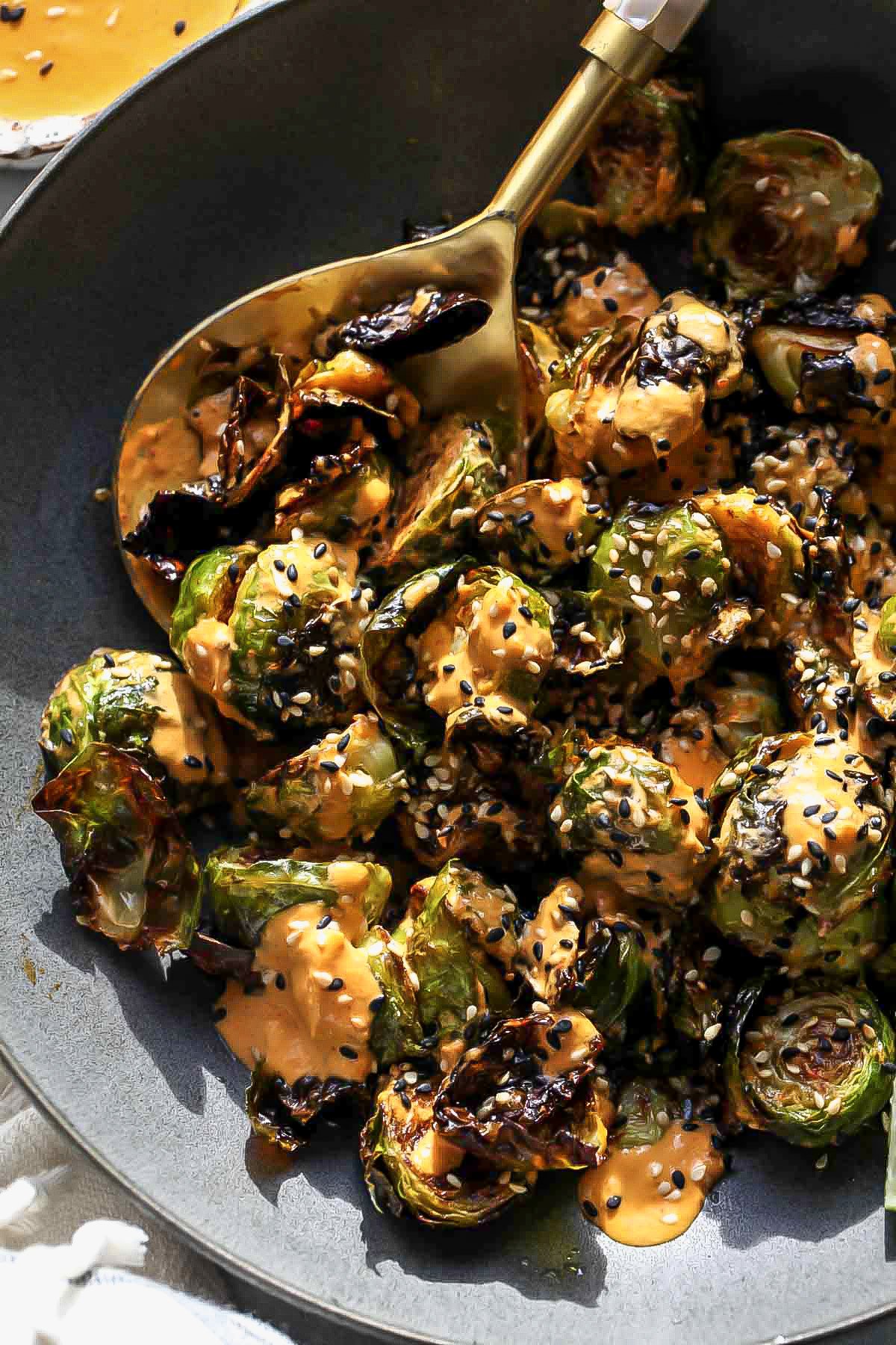 Crispy Brussel Sprouts with Kimchi Sauce
