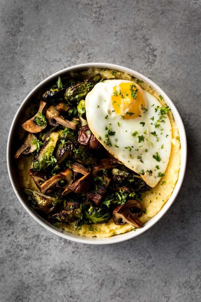 Polenta Bowls with Roasted Brussel Sprouts and Mushrooms