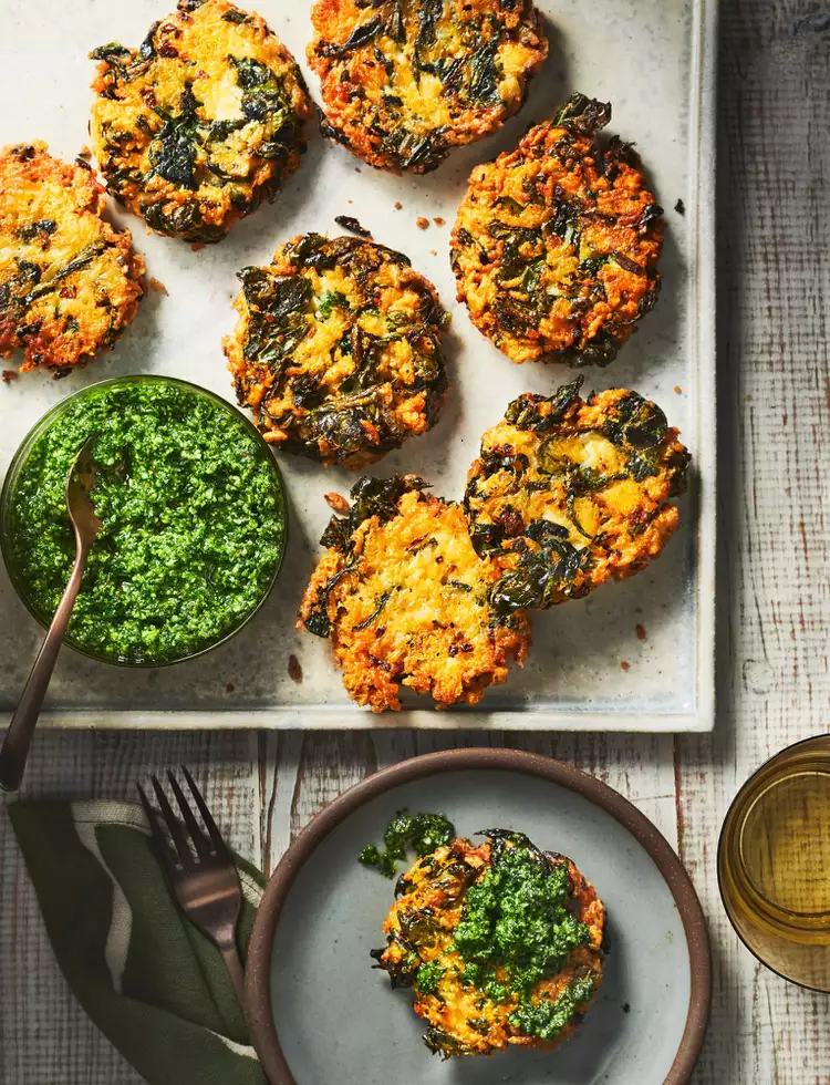 Collard Green-and-Rice Fritters with Green Pesto