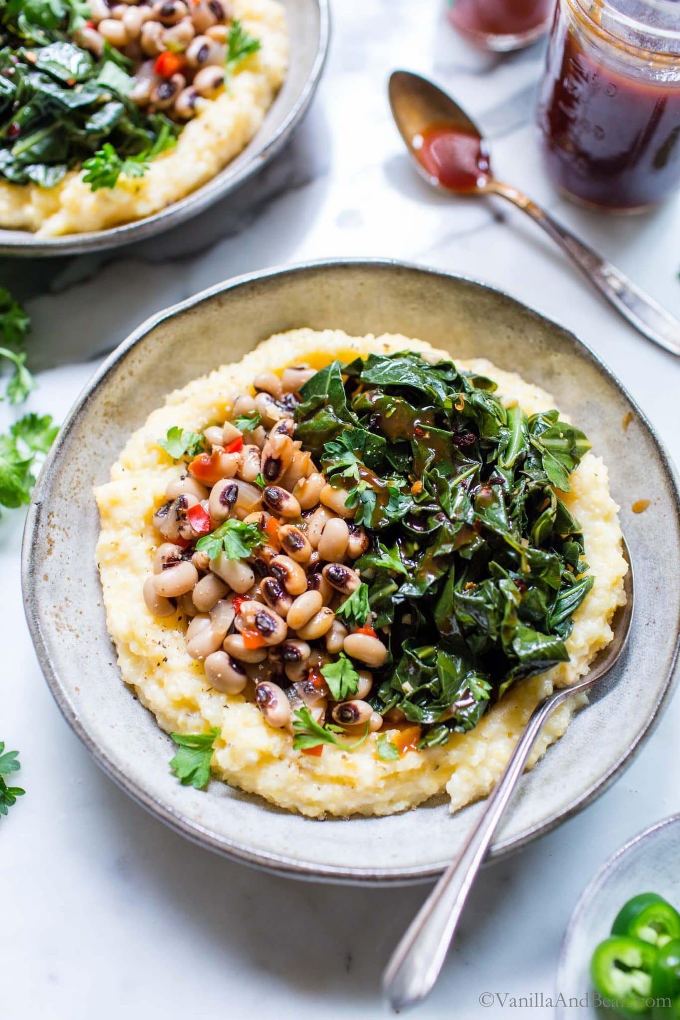 Black Eyed Peas With Smoky Collards And Cheesy Grits