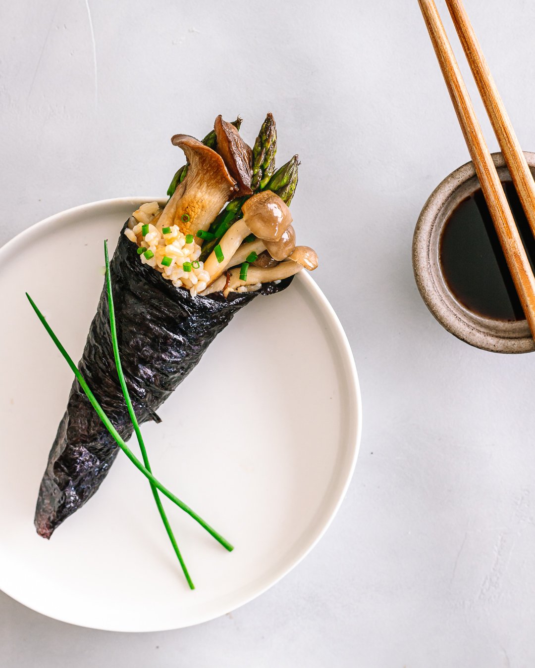 Brown Rice Sushi Hand Rolls with Mushrooms and Asparagus
