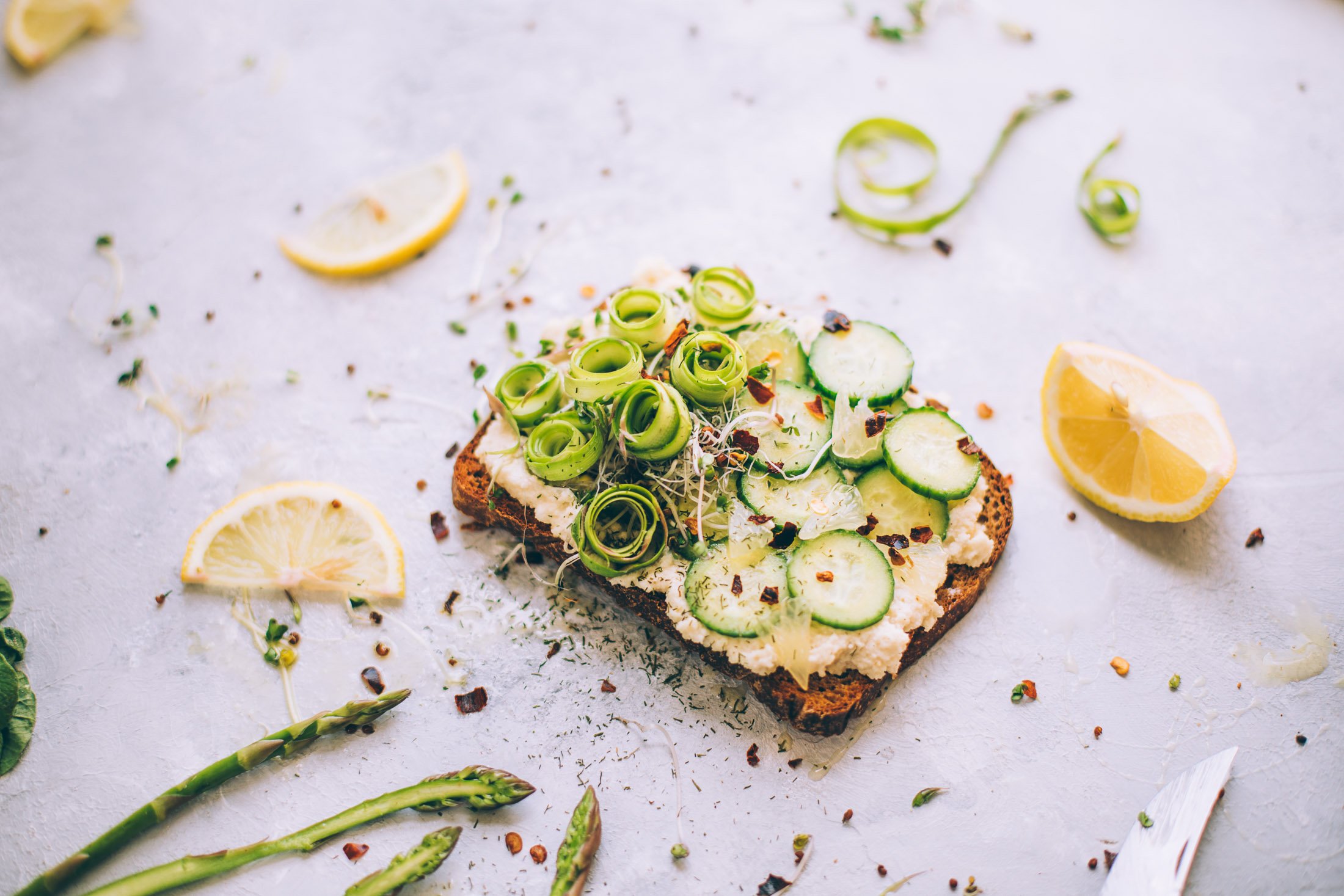 Almond Ricotta Cucumber Asparagus Toast