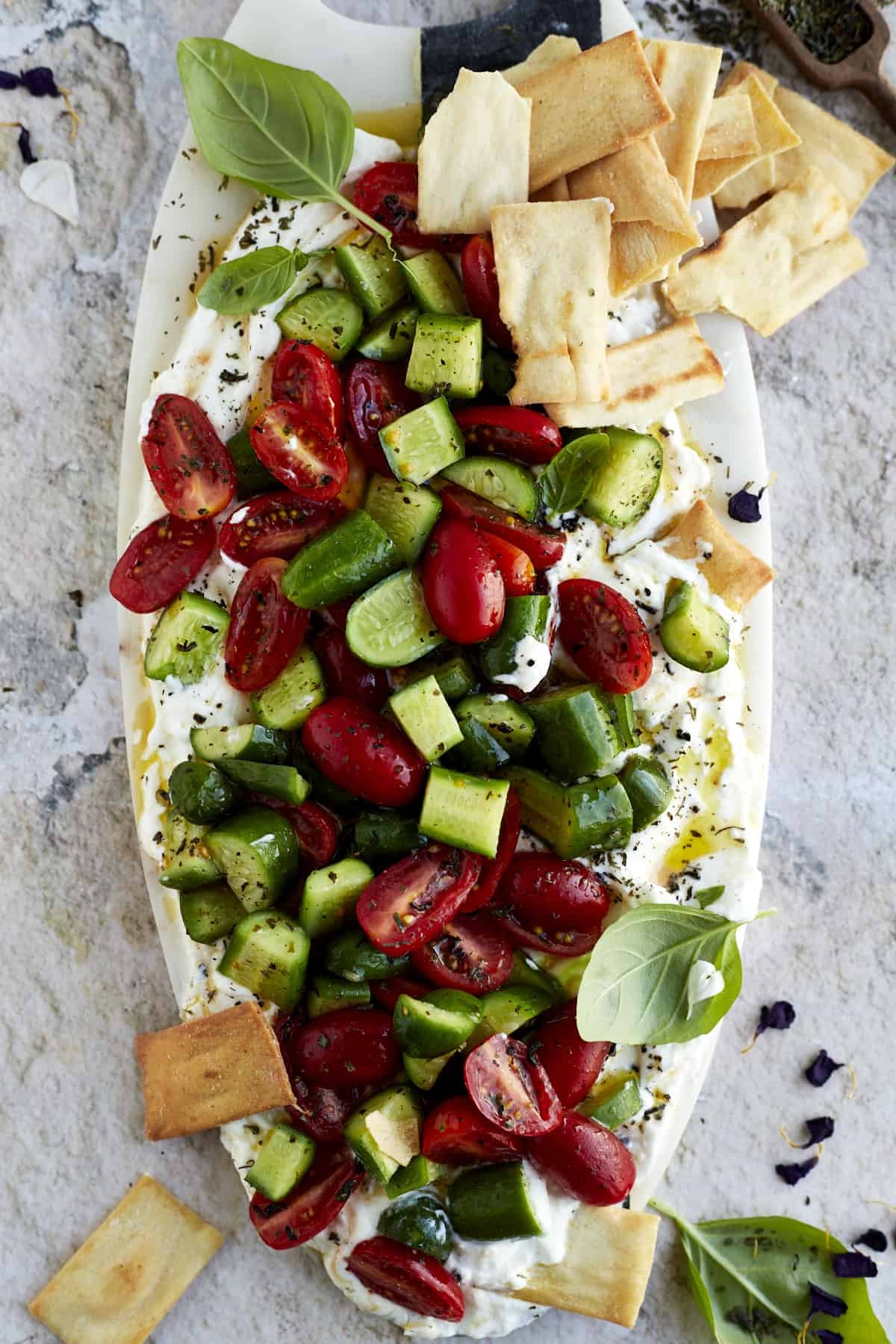 Whipped feta with Tomato and Cucumber Salad