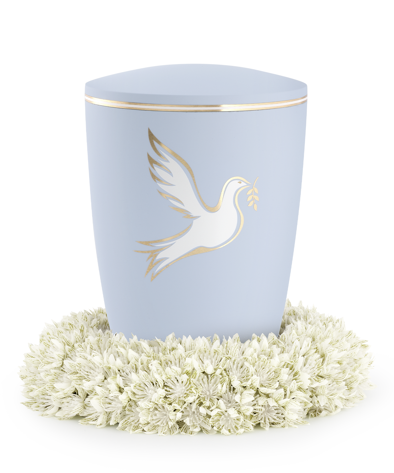 Eine hellblaue Urne mit goldenem Tauben-Design steht auf einem Trauergesteck aus weißen Blumen.