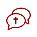 Zwei stilisierte Sprechblasen mit einem Kreuz und einem Kreuz mit Herz, symbolisieren Religion und Glauben. Trauergespräche, Abschied, Trauerkultur, Beerdigung, Bereitschaft, über den Tod sprechen