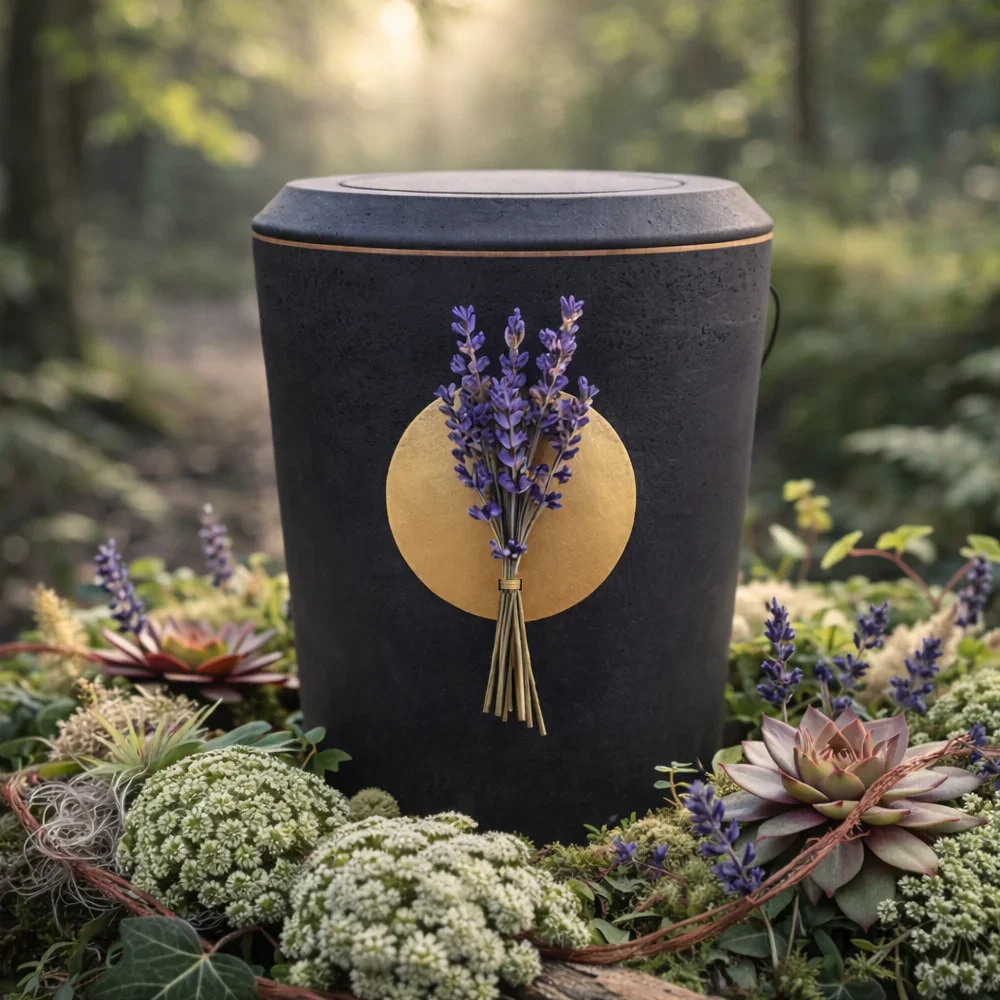 Ein schwarzer Urne mit einer goldenen Dekoration in der Mitte, umgeben von Lavendel und Sukkulenten in einem Wald im Hintergrund.