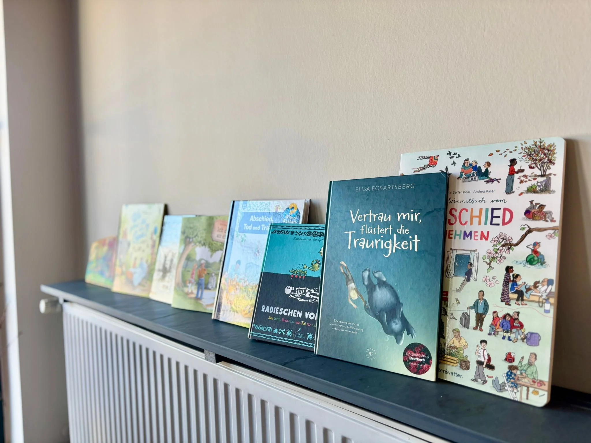 Bücherreihe mit Kinderbüchern über Beerdigung und Trauer die auf einem schwarzen Regalboden stehen, vor einer beige Wand.