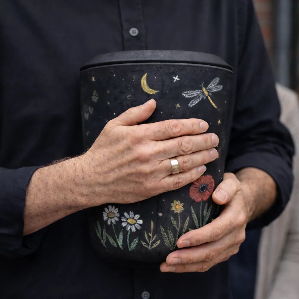 Nahaufnahme von Händen, die eine schwarze Urne mit bunten Blumen- und Nachtmotiven halten, vor einem dunklen Hemd.