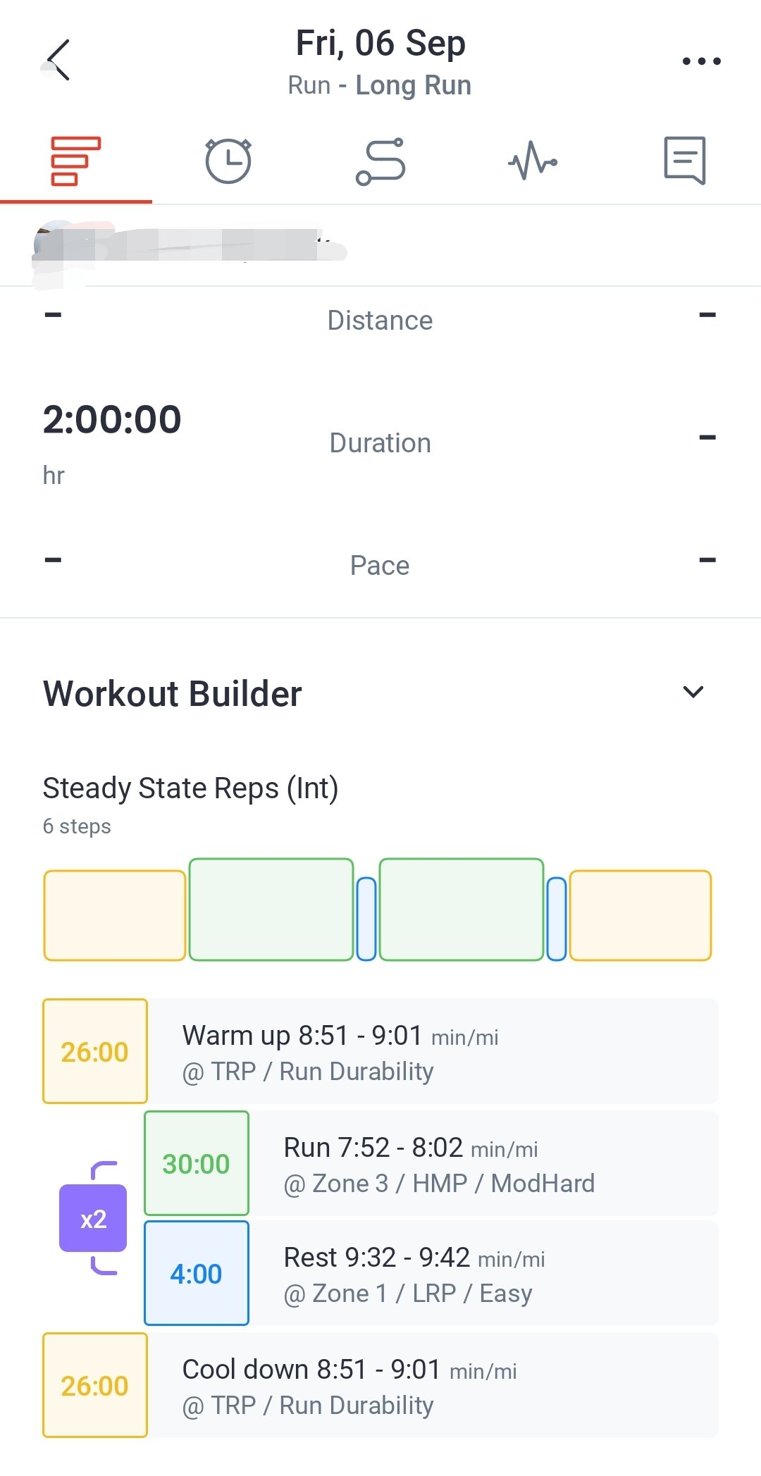 Screenshot of a workout plan for a long run on Friday, September 6th. It includes a warm-up for 26 minutes, two 30-minute runs at Zone 3 pace with a 4-minute rest in between, and a 26-minute cool down. Durations and paces for each segment are specifi