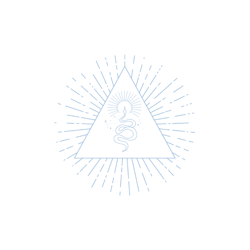 Triangle with snake, human form, and radiating lines, minimalist design.