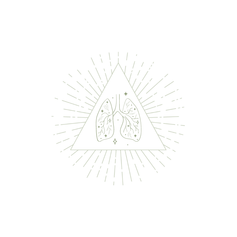 Illustration of lungs inside a triangle with radiating lines, featuring botanical elements and stars.