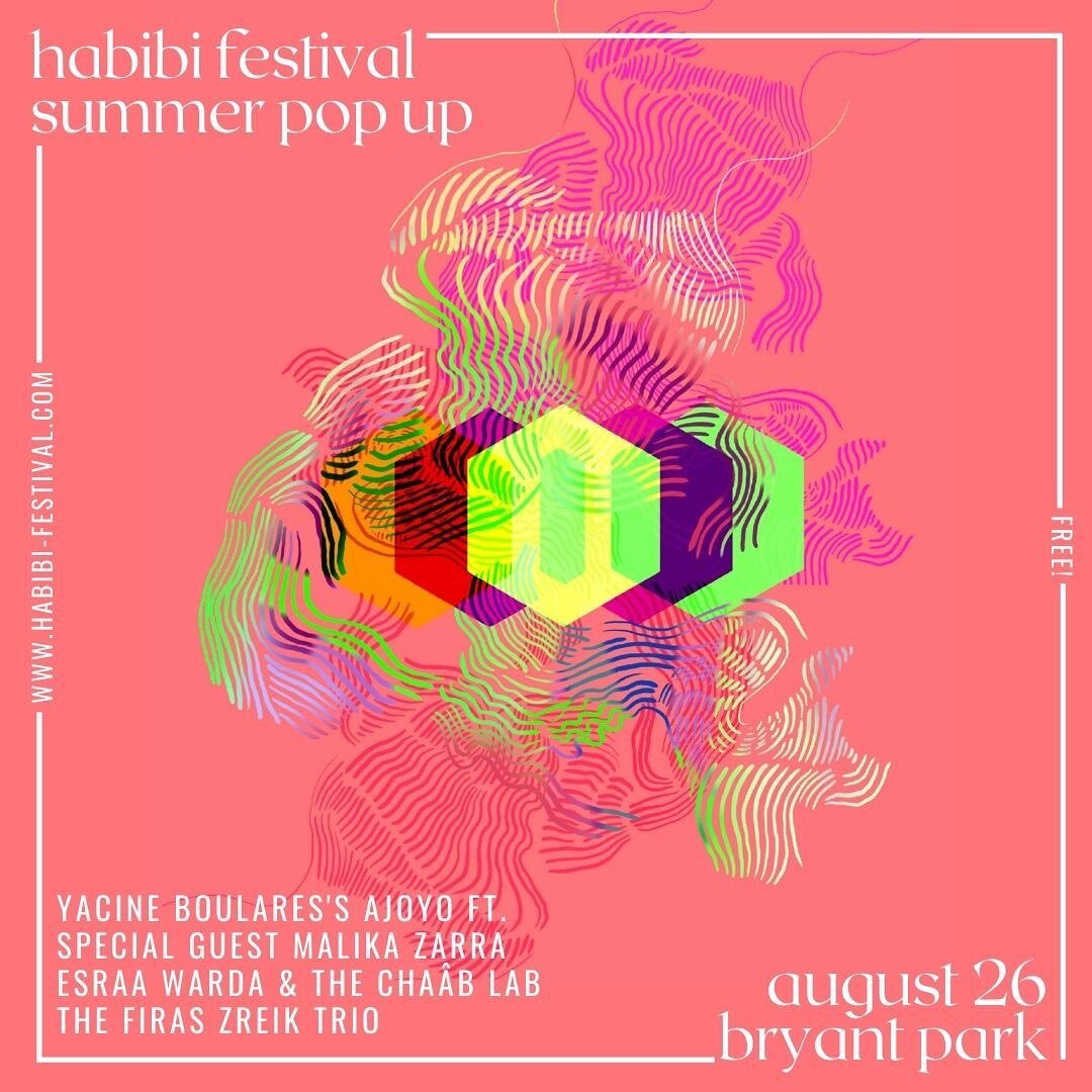 This Friday, join me for a FREE @habibifestival pop up at @bryantparknyc! Bring your picnic blanket and get ready for the sounds of Palestinian kanun player @firaszreik, Algerian and Moroccan chaabi music with @wardadance and the Chaab Lab, and a Tun