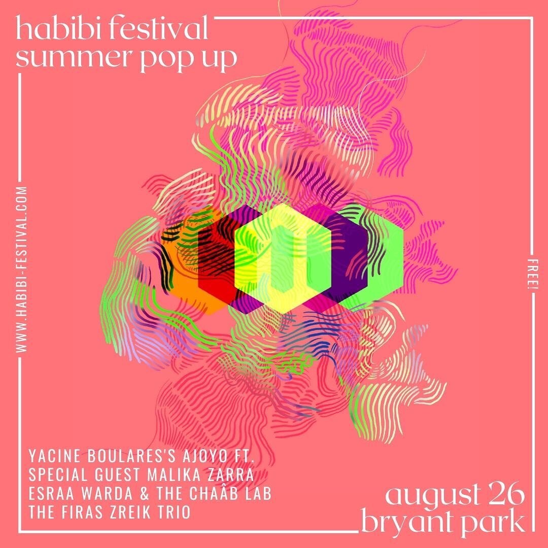 This Friday, join me for a FREE @habibifestival pop up at @bryantparknyc! Bring your picnic blanket and get ready for the sounds of Palestinian kanun player @firaszreik, Algerian and Moroccan chaabi music with @wardadance and the Chaab Lab, and a Tun