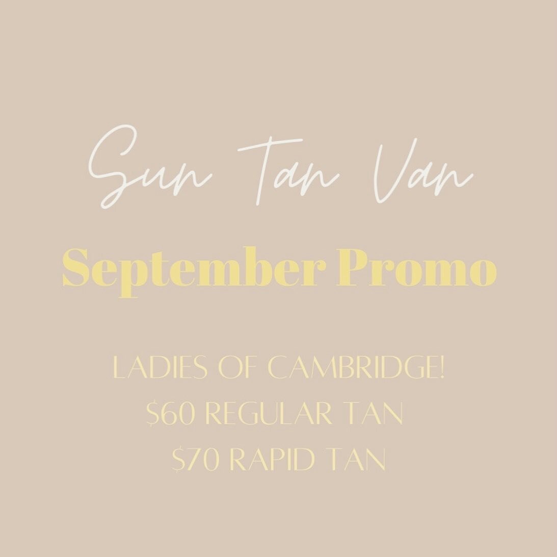 September PROMO🤍

Ladies living in Cambridge take advantage of our month long September promotion. 

$60 regular tan $70 rapid tan