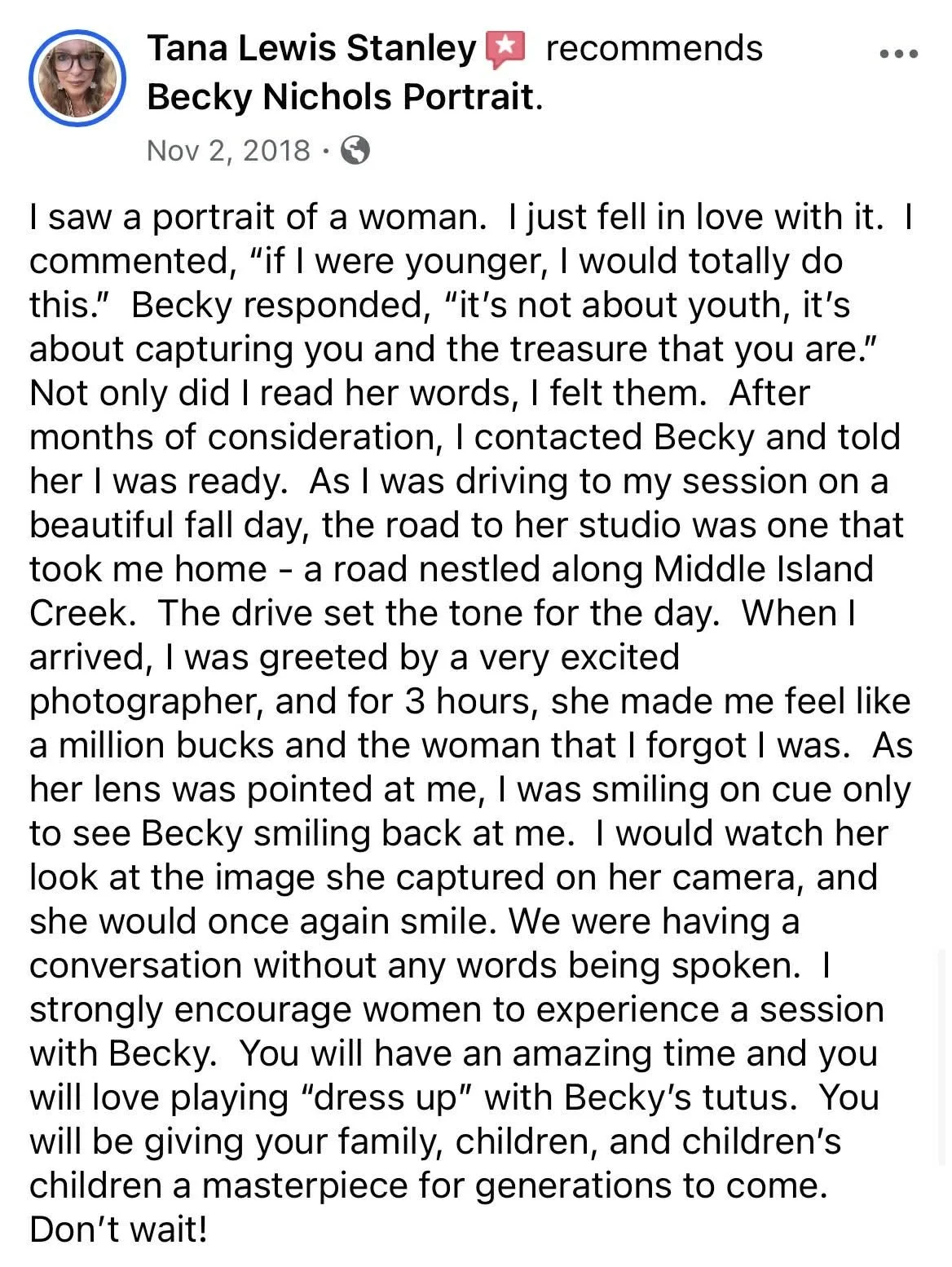 Screenshot of a Facebook recommendation post for a professional photography session, mentioning a portrait of a woman and her experience.