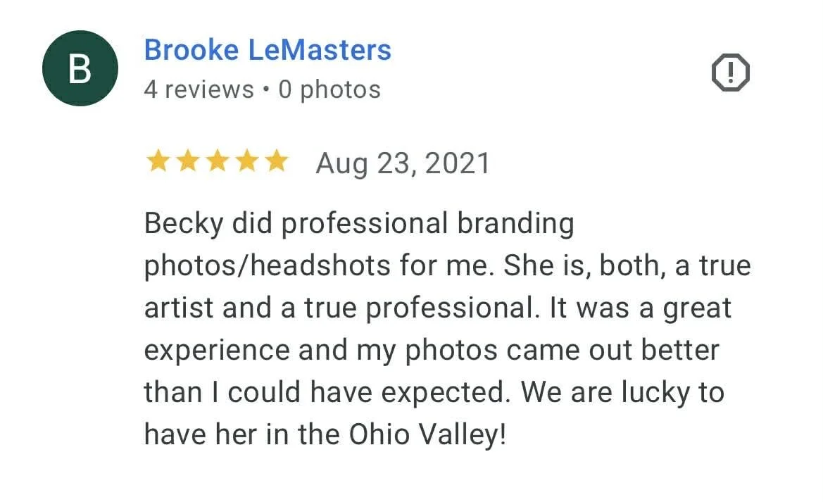 Customer review for Brooke LeMasters dated August 23, 2021, praising her professional branding photos and headshots, mentioning her artistry and professionalism, and expressing satisfaction with the results.