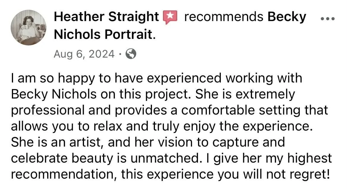 Screenshot of a Facebook review recommending Becky Nichols Portrait, praising her professionalism, artistic vision, and creating a comfortable setting for the client.