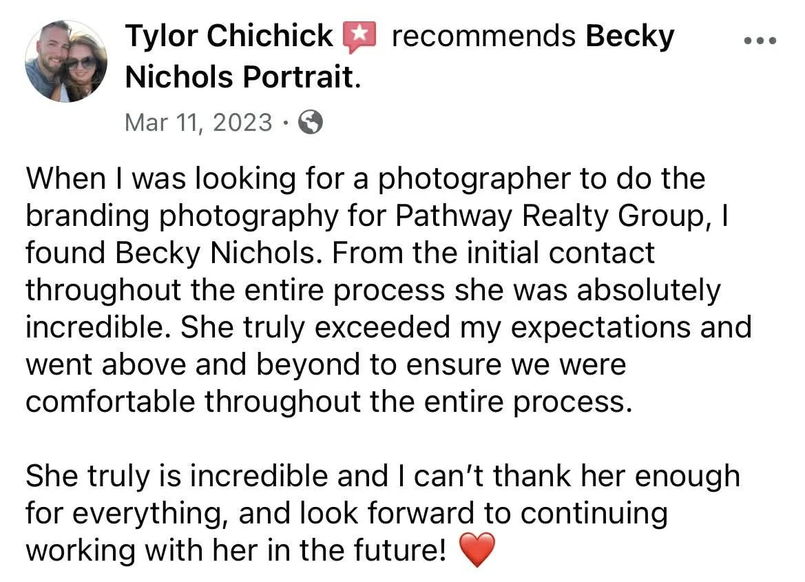Screenshot of a Facebook review by Tylor Chichick recommending Becky Nichols Portrait.