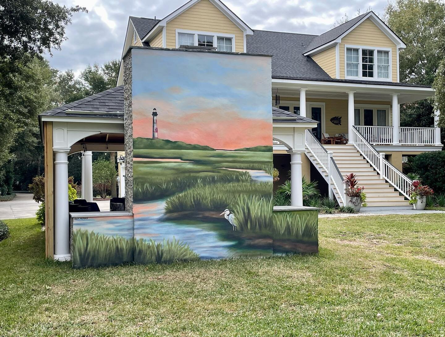 Here&rsquo;s a marsh mural we finished up for a residence on James Island! This mural is located on the back of an outdoor fireplace &amp; living area that faces the marsh. The client was looking for something that fit the natural landscape of their 