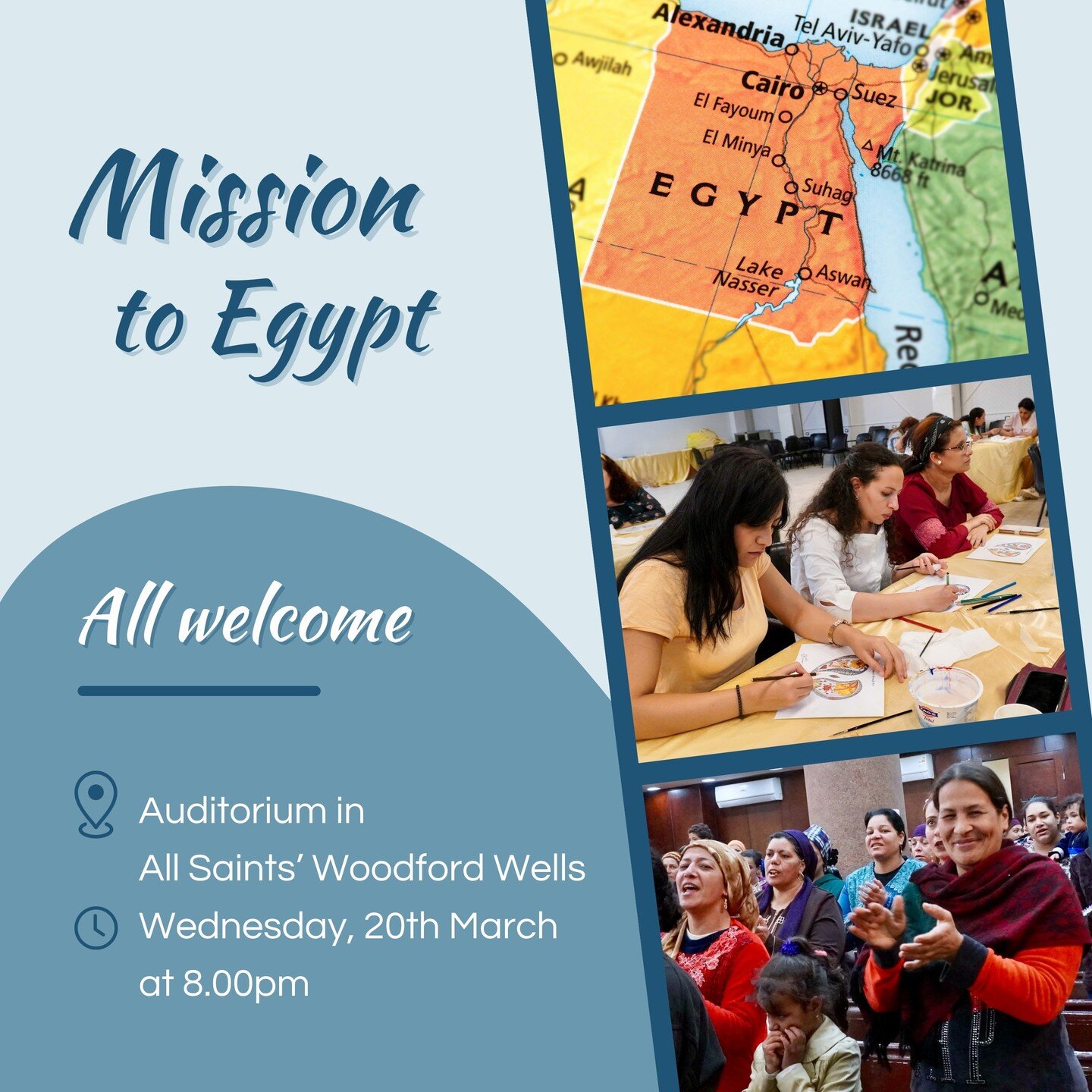We would like to invite you to our Evening where we will be sharing updates about our work and our plans to go back to Egypt. Please come along, be encouraged by what God is doing and join us in prayer. The Event is in the Auditorium at All Saints' W