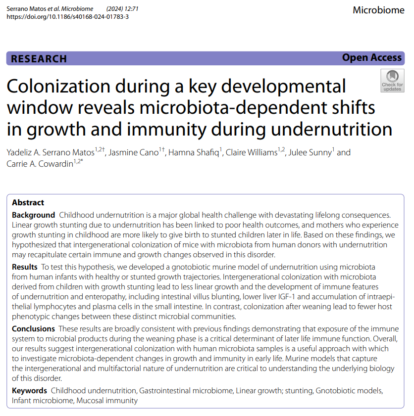 Check out our lab's first publication in Microbiome examining how the gut microbiota contribute to growth and immunity in a model of childhood undernutrition.