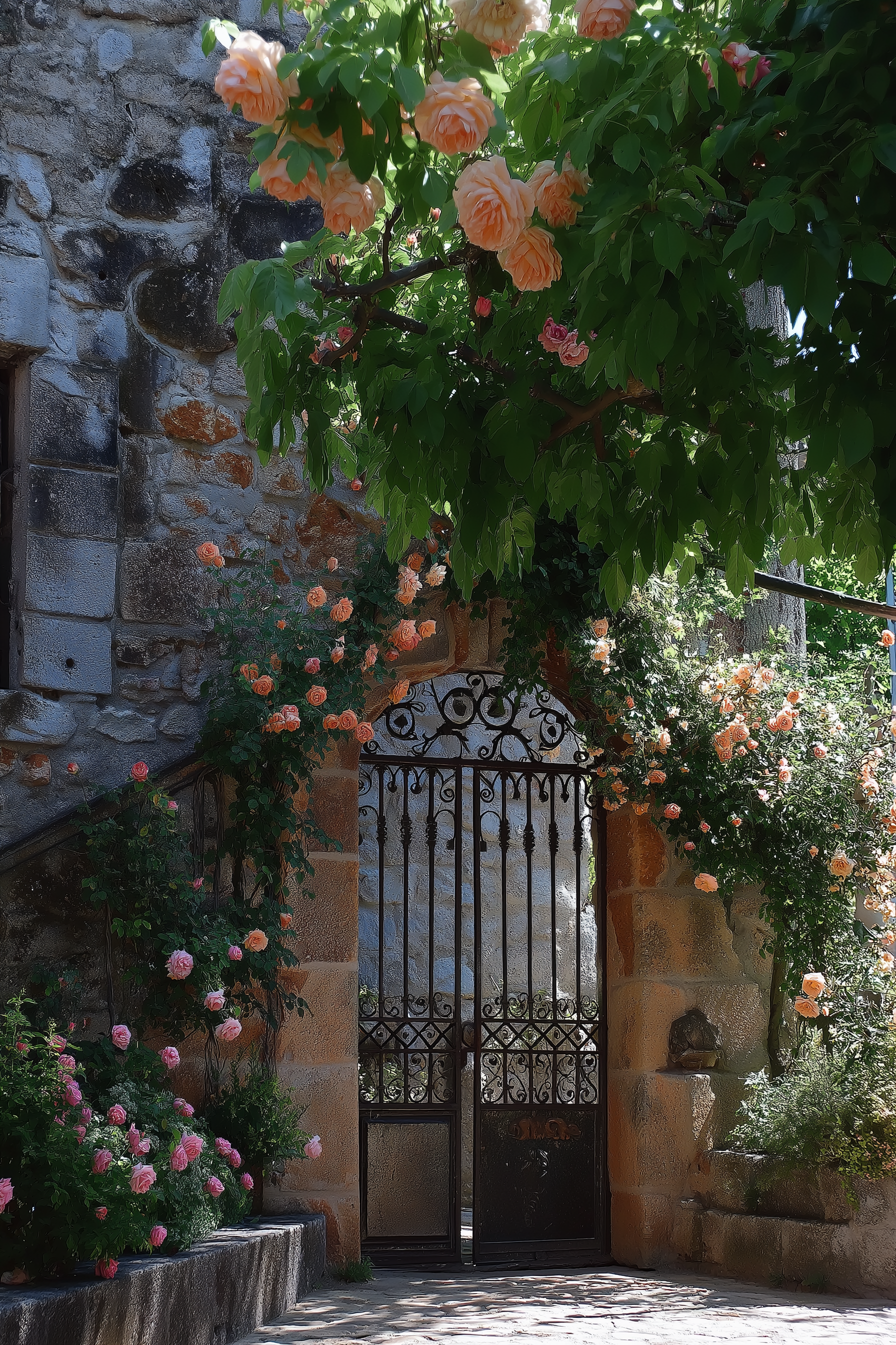 Prompt Midjourney : un magnifique portail très ancien (largeur d'une porte) en fer forgé entouré de rosiers. une personne tend une clef ancienne devant le portail. Teintes de orange brulé, cuivre, bleu-mauve et beige-rose. vue d'ensemble du potail. U