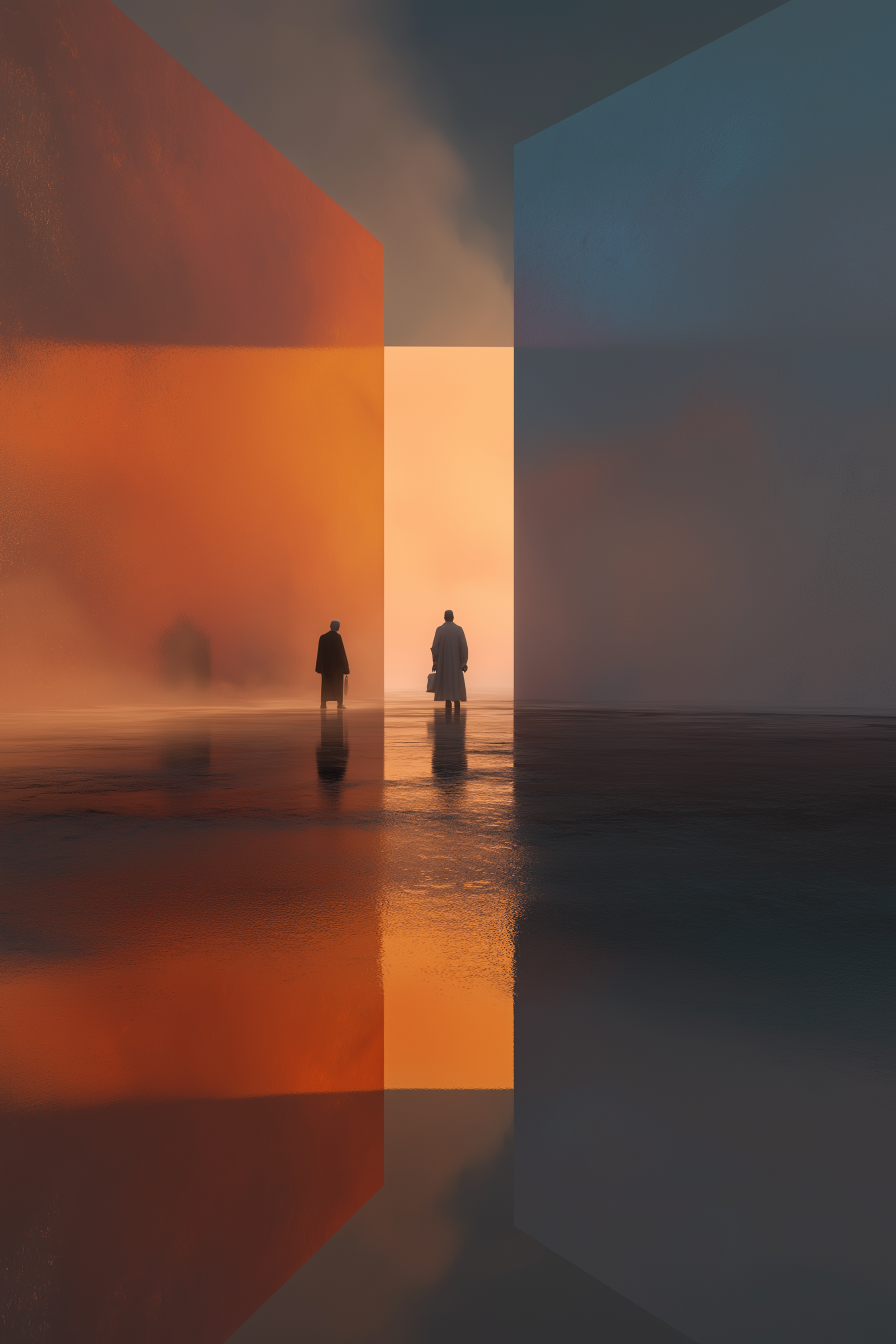 Prompt Midjourney : des silouhettes d’âmes de défunts bienveillants debout devant une porte lumineuse qui attendent de passer dans la lumière. Teintes de orange brulé, cuivre, bleu-mauve et beige-rose. Style hyperréalisme. Grand angle.