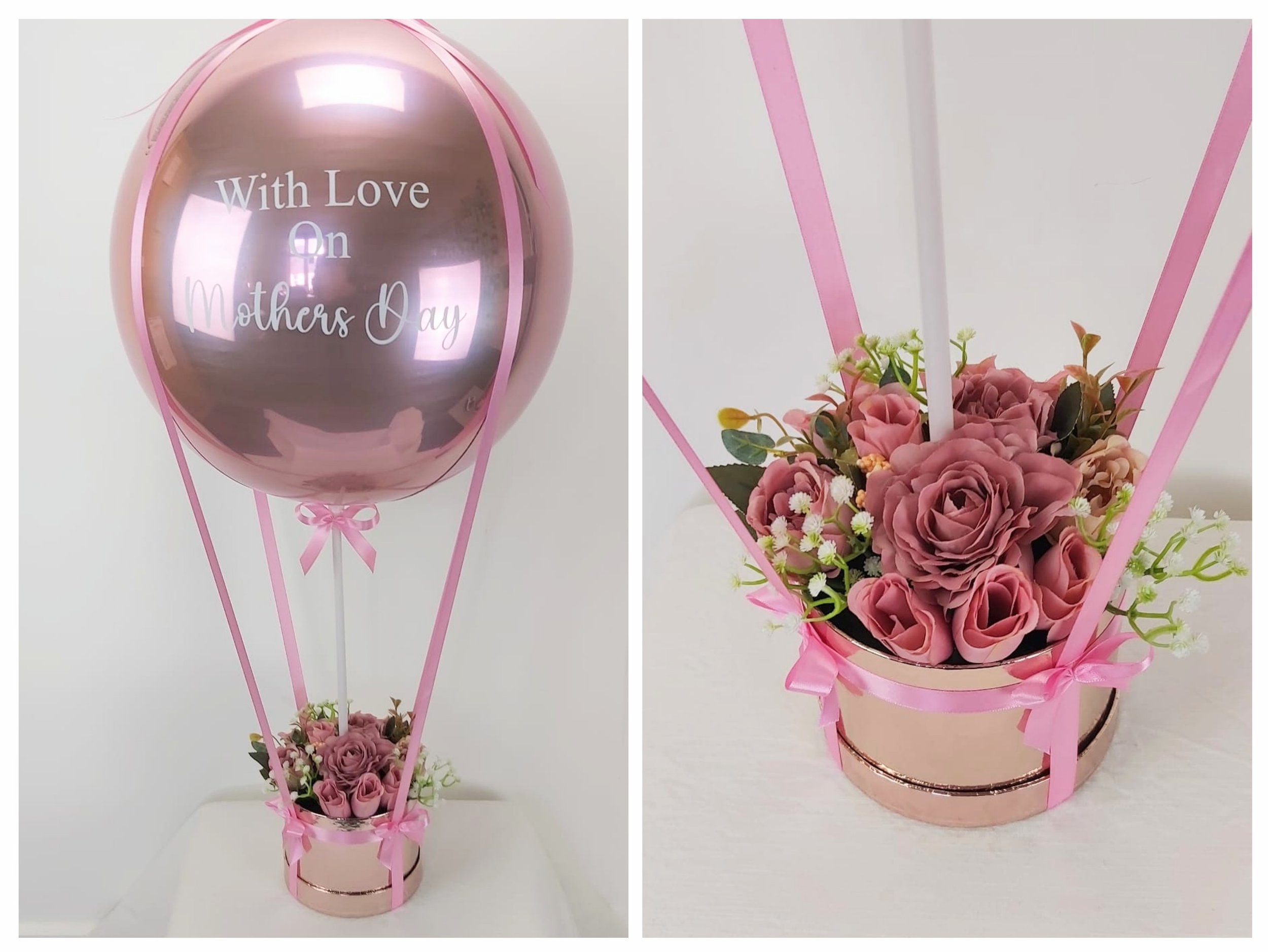 Personalised orbz hot air with hat box & artificial flower arrangement £30