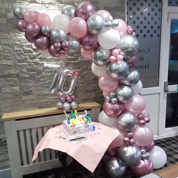 Cake Table Organic Arch with Chrome Balloons