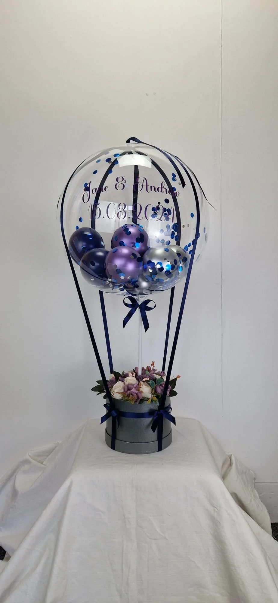 Hot air gumball personalised with hat box &  artificial flower arrangement £35