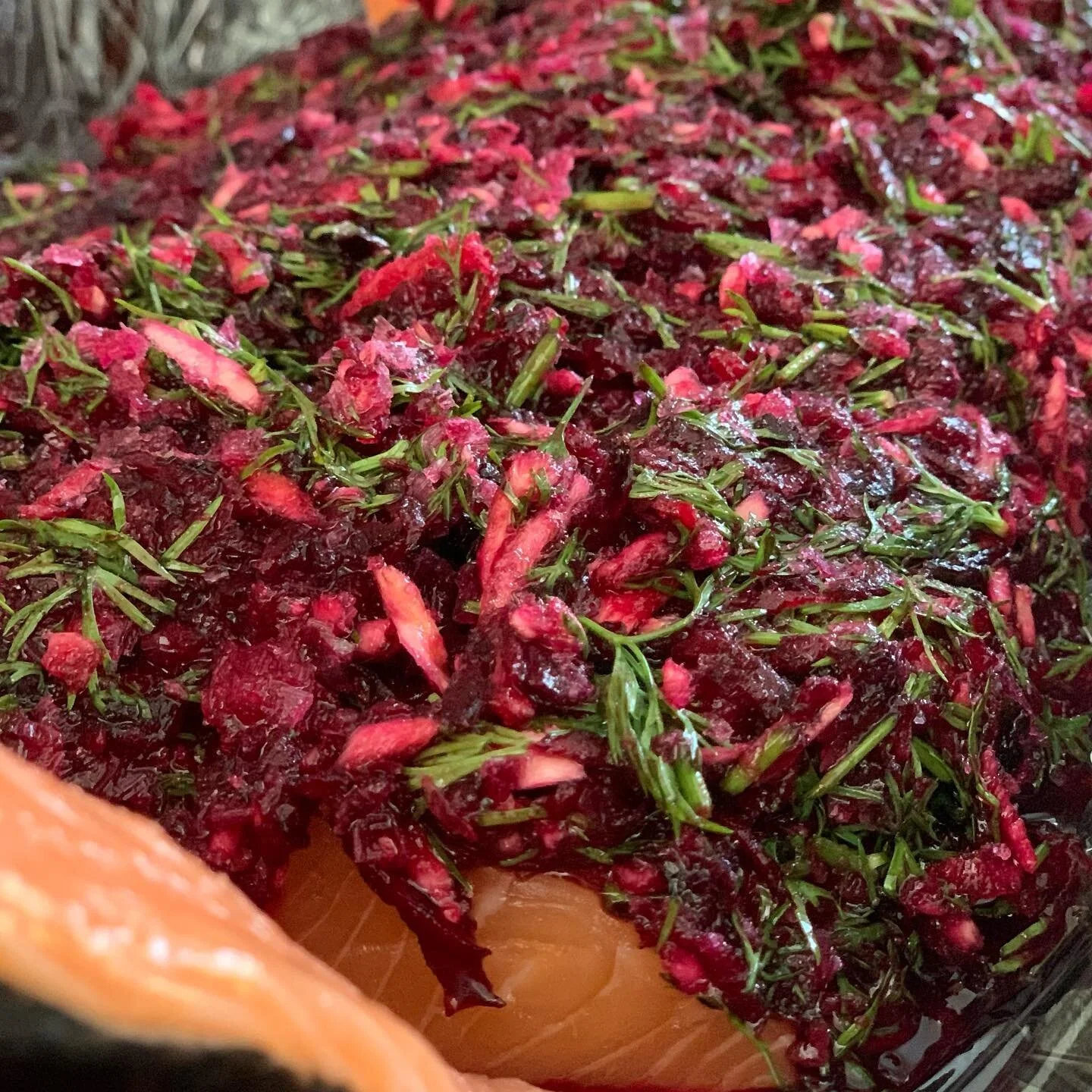 Shot from today&hellip; Home cured salmon in beetroot, fresh horseradish and dill