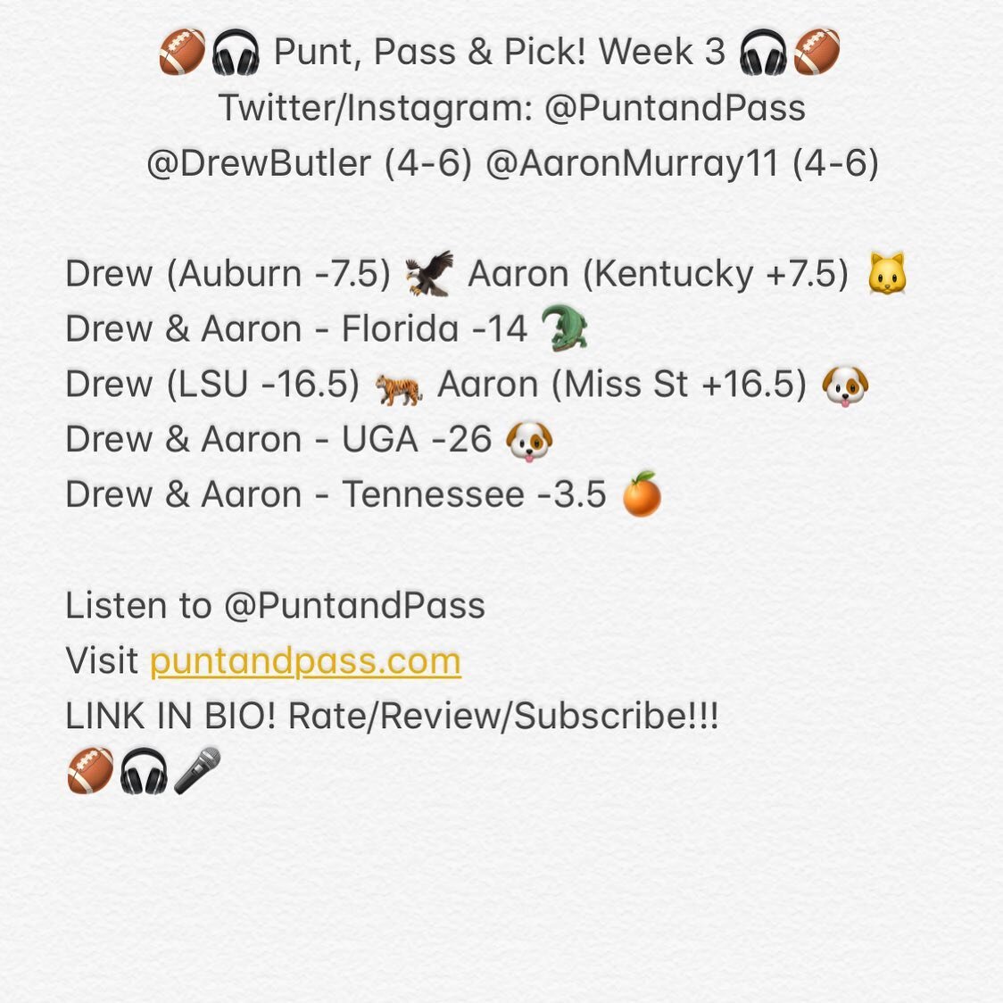 Punt, Pass &amp; Pick Week 3! 🎧🏈
#SECKickoff Weekend 🙌🏼
Chalky for @drewbutler - some surprises from @aaronmurray11 😲
Let&rsquo;s see who has more winners! 🤑
Visit PuntandPass.com for more 👍🏻