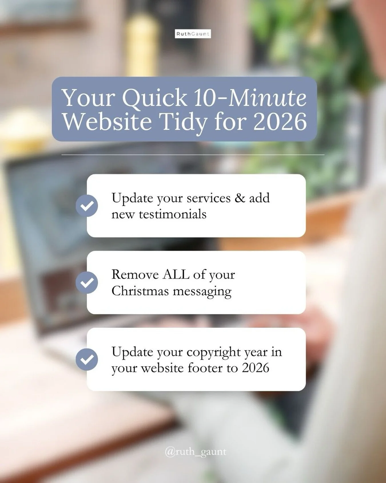 Before you dive into 2026 properly, spend 10 minutes giving your website a quick tidy 🧹

1. Update your services &amp; add new testimonials -&nbsp;use this fresh start to make sure everything on your website is current. Added new services? Updated y